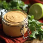 Jar of creamy Chipotle Lime Sauce with spoon, surrounded by lime slices and cilantro on a rustic wooden surface.