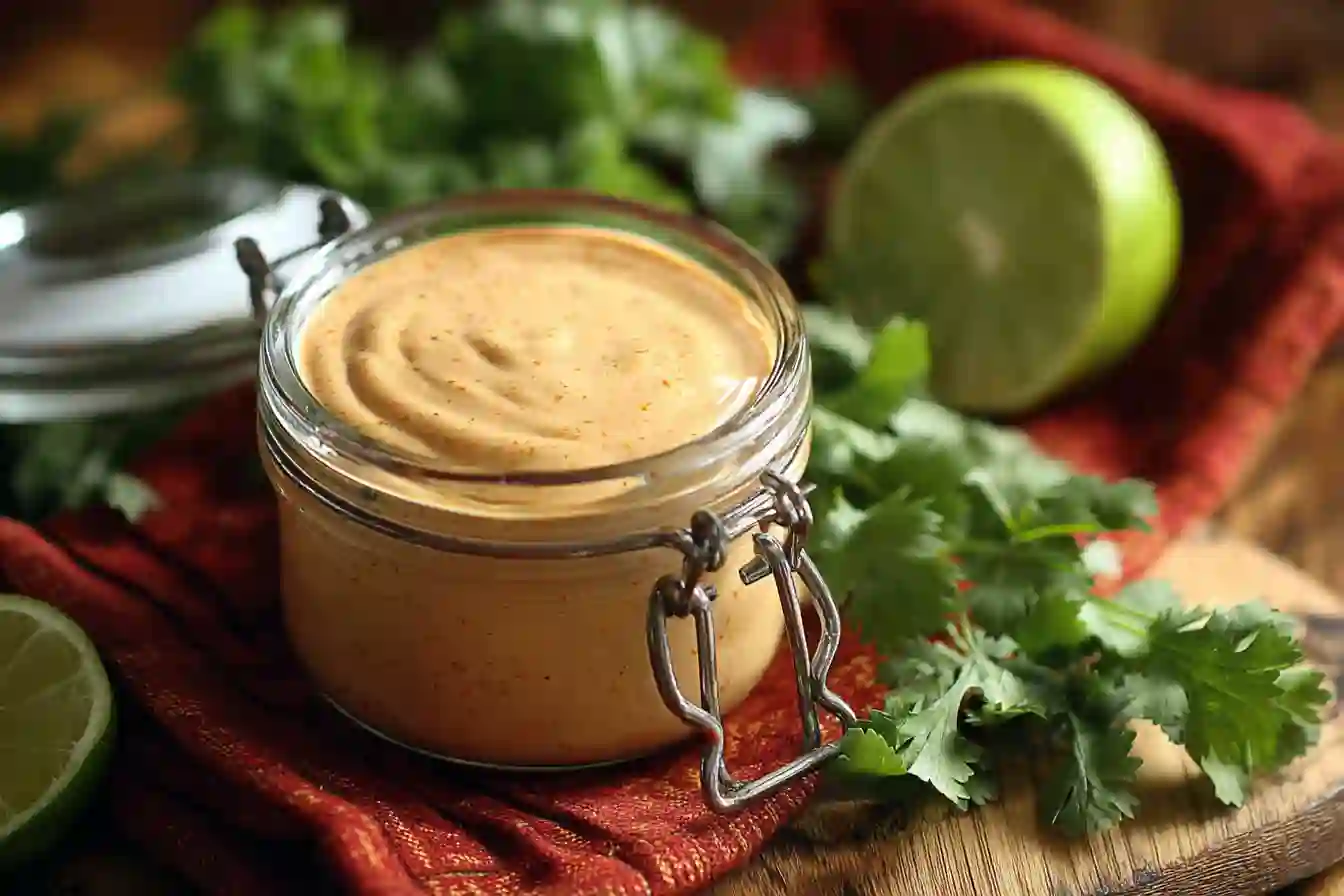Jar of creamy Chipotle Lime Sauce with spoon, surrounded by lime slices and cilantro on a rustic wooden surface.