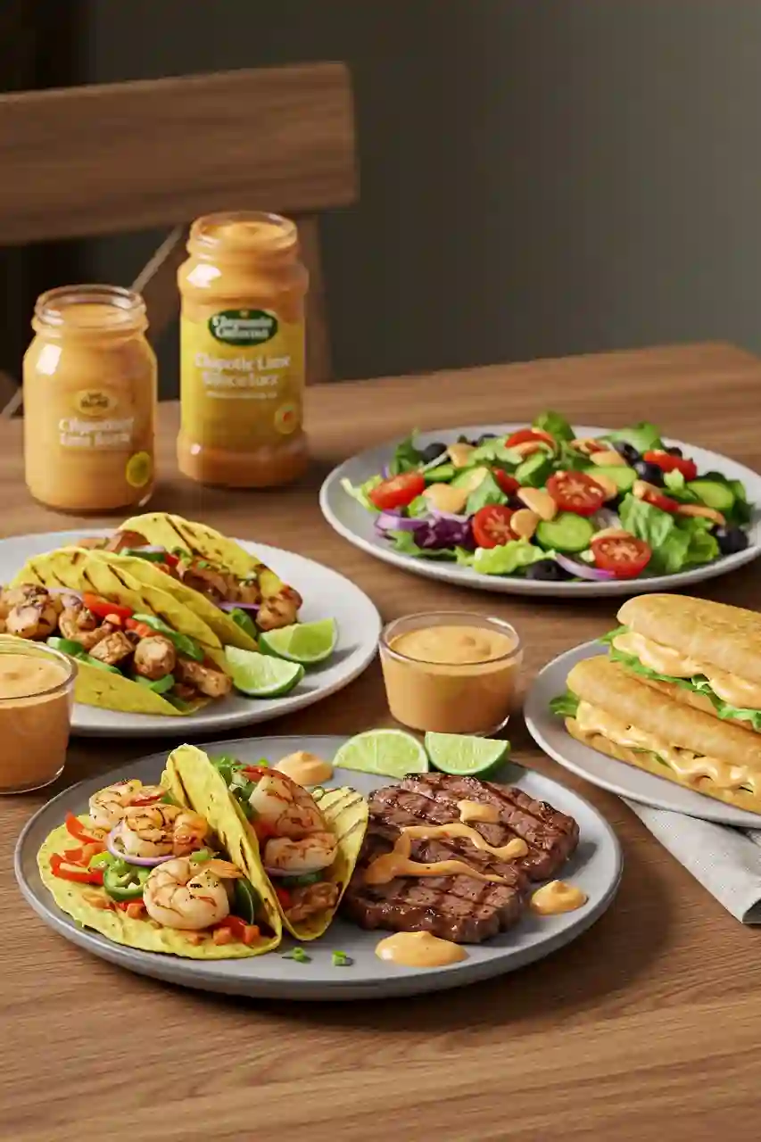 Chipotle lime sauce drizzled over grilled tacos with avocado, cilantro, and lime.