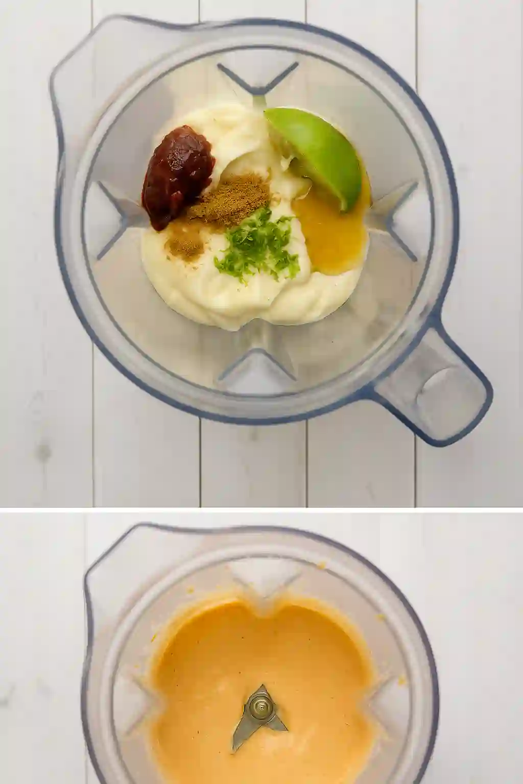 Step-by-step process of making chipotle lime sauce: blender with ingredients and finished creamy sauce.