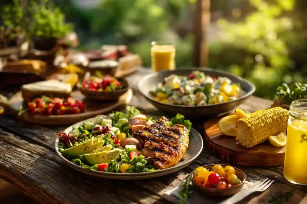 Grilled chicken with avocado salad, corn, and summer sides on rustic table – perfect easy summer meals setup.