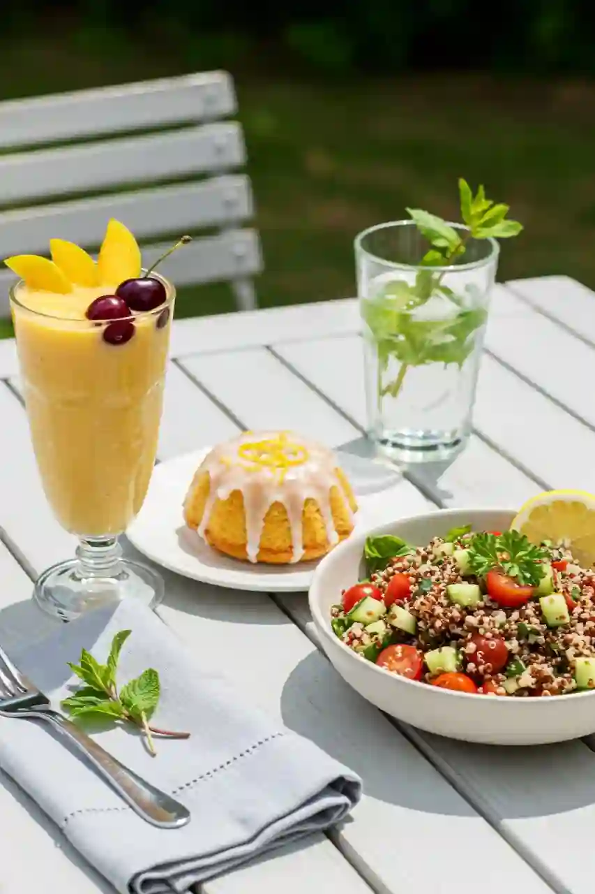 Refreshing Treats and Salads for Easy Summer Meals Mango cherry smoothie, lemon cake, and quinoa salad served outdoors — fresh and easy summer meals.