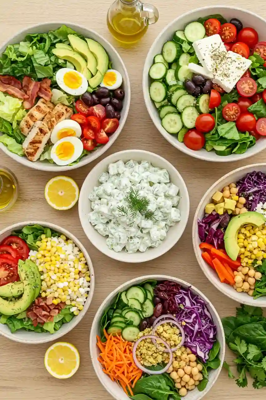 Fresh Salad Bowls for Easy Summer Meals Top view of colorful summer salad bowls with fresh vegetables, perfect for easy summer meals.