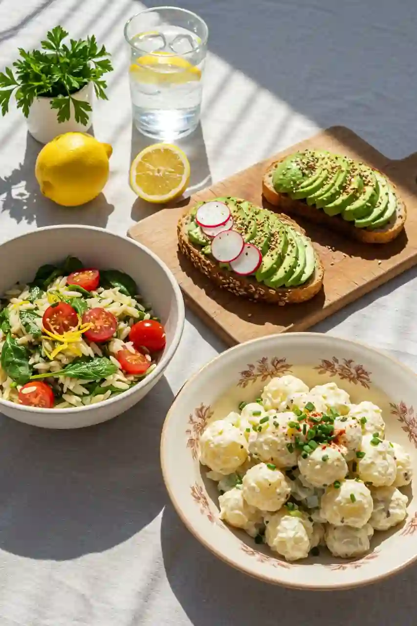 Easy Summer Sides and Light Dishes Orzo salad, avocado toast, and creamy potato salad served with lemon water — simple and easy summer meals.