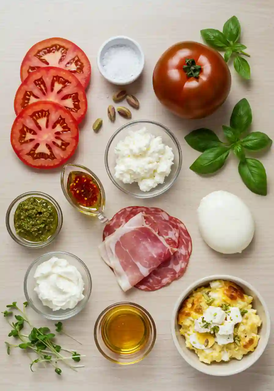 Flat lay of heirloom tomato, pesto, cottage cheese, prosciutto, mozzarella, nuts, hot honey, and egg salad.