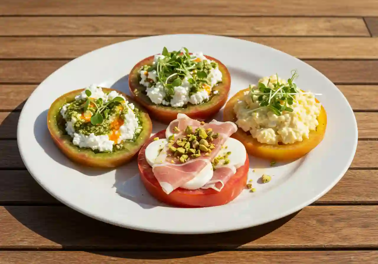 Overhead shot of three heirloom tomato slices with toppings on a serving platter