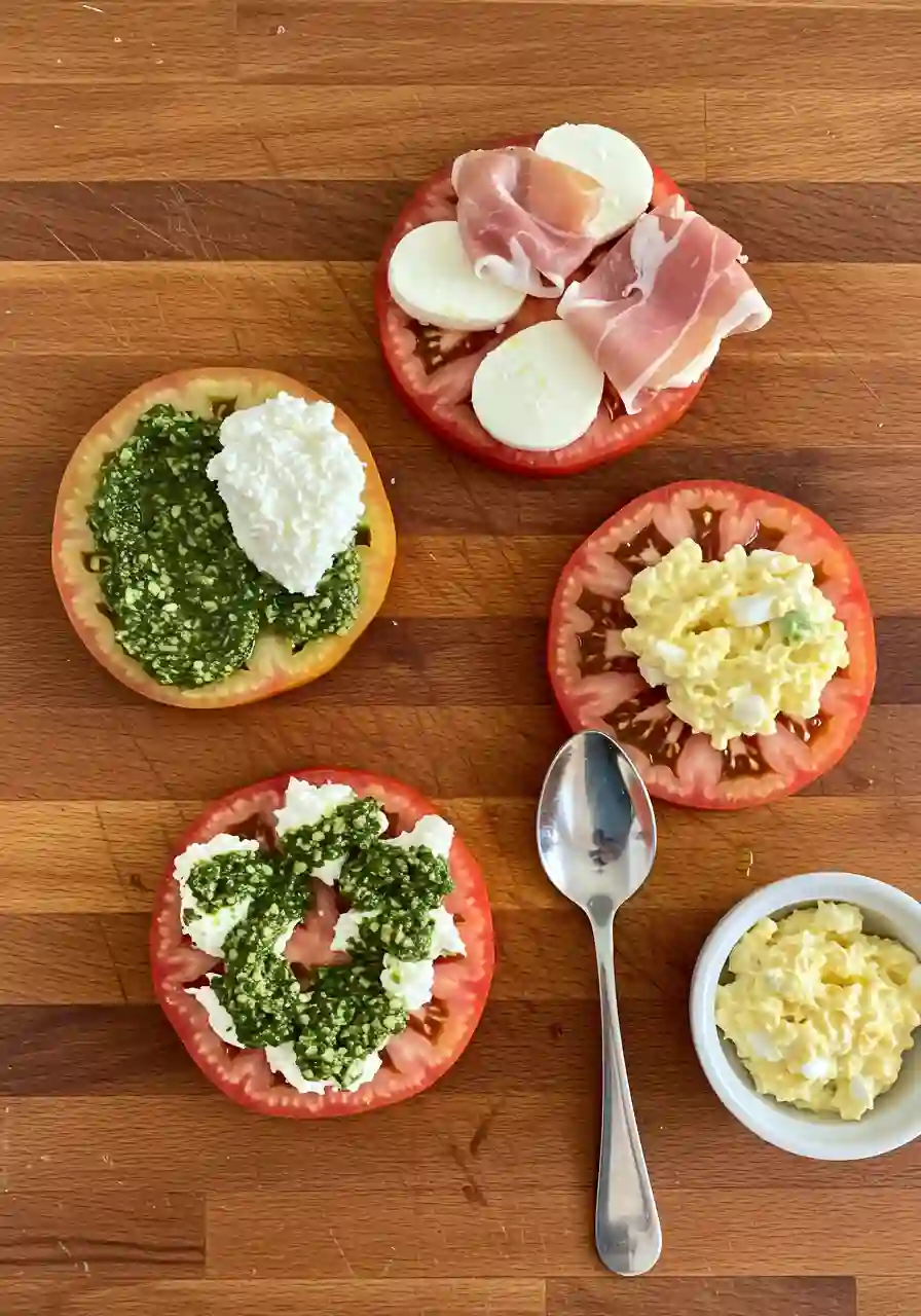 Process image showing heirloom tomato slices being topped with pesto, cheese, prosciutto, and egg salad