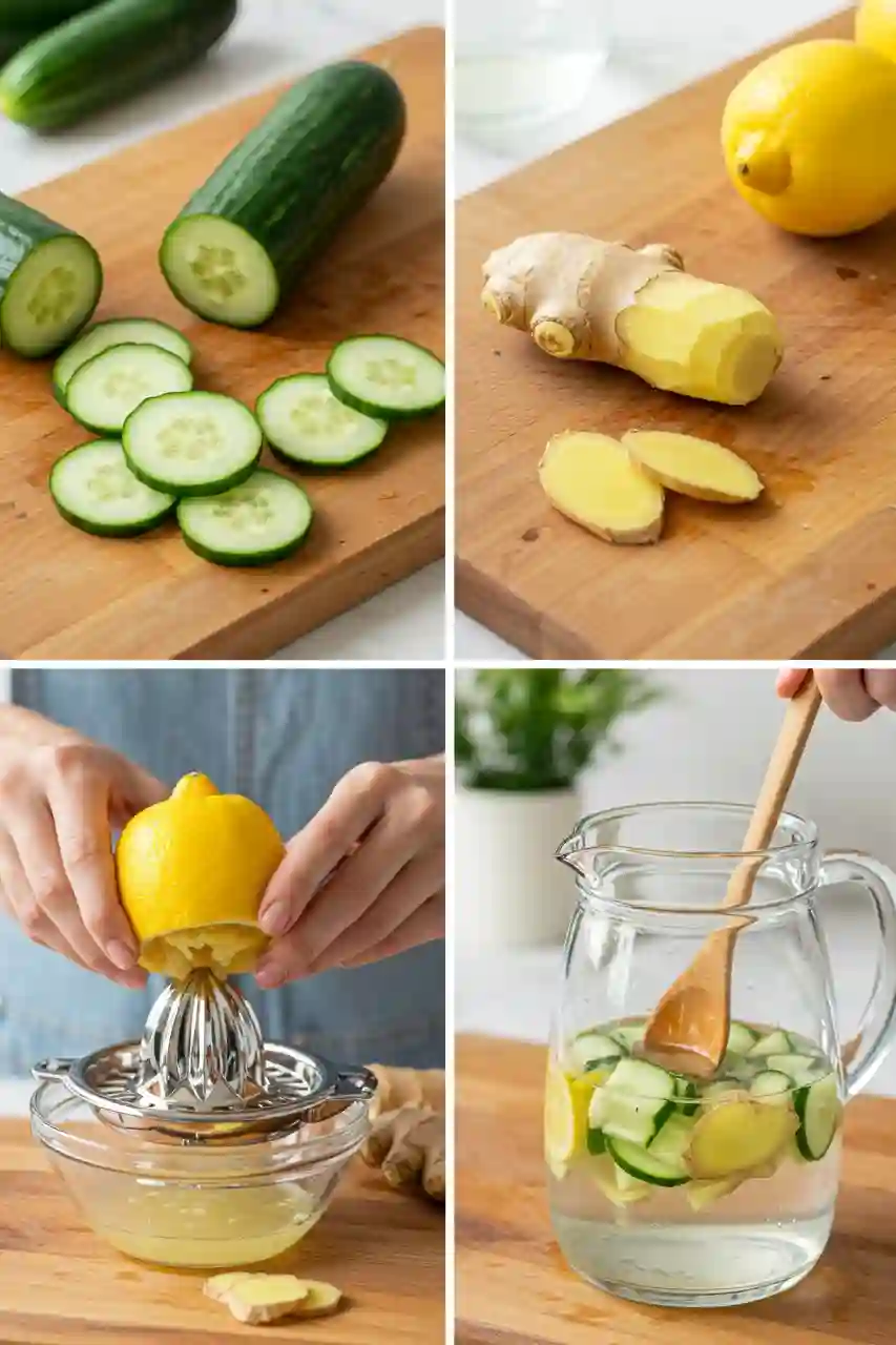 How to Make Lemon Ginger Cucumber Water: Step-by-Step Guide Collage showing steps to prepare lemon ginger cucumber water at home