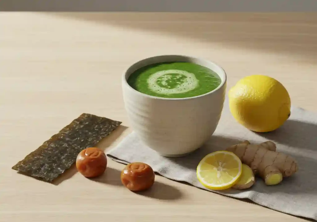 Japanese Mounjaro detox drink with matcha, kombu, umeboshi, and ginger in ceramic cup