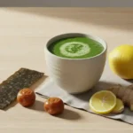 Japanese Mounjaro detox drink with matcha, kombu, umeboshi, and ginger in ceramic cup