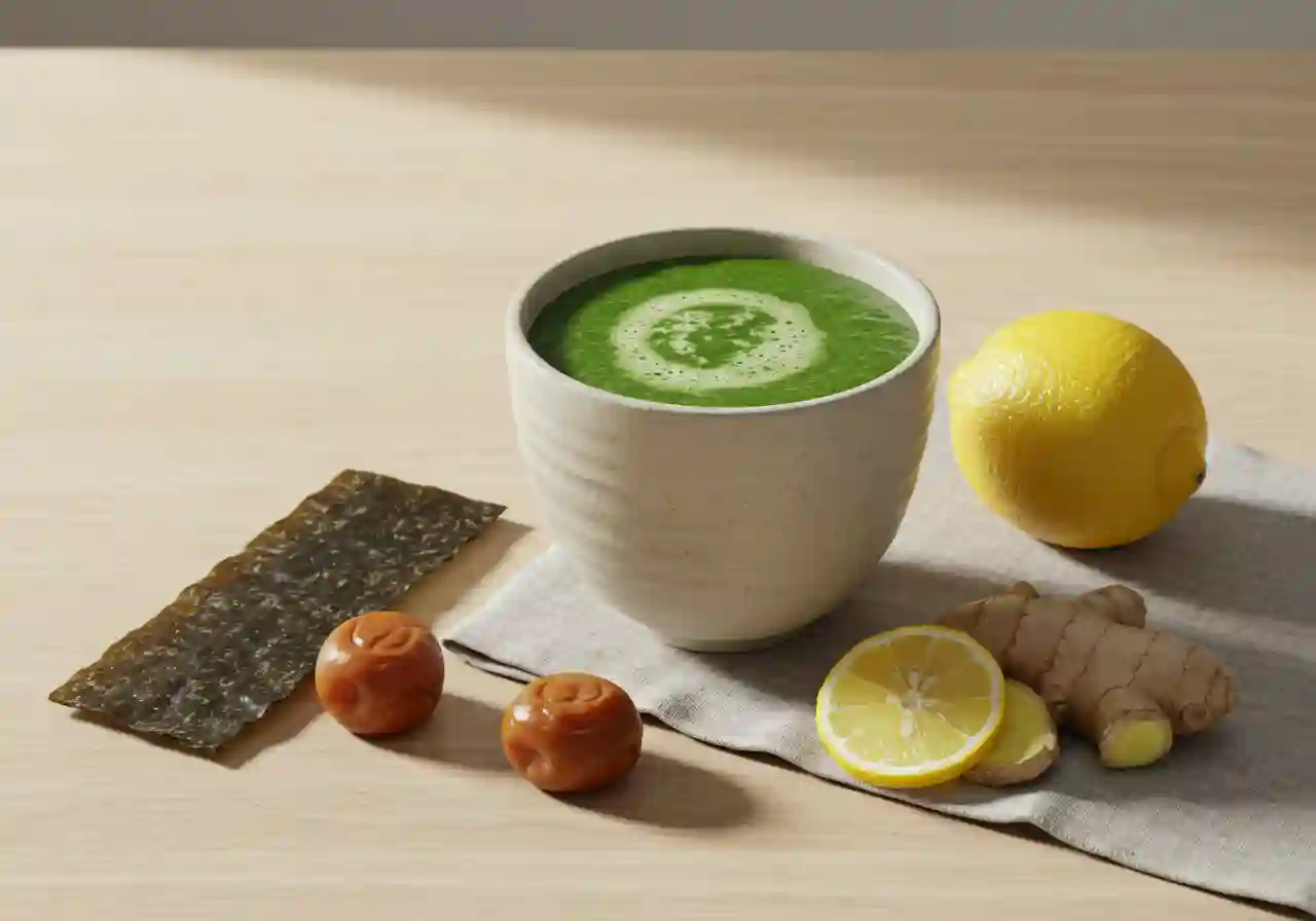 Japanese Mounjaro detox drink with matcha, kombu, umeboshi, and ginger in ceramic cup