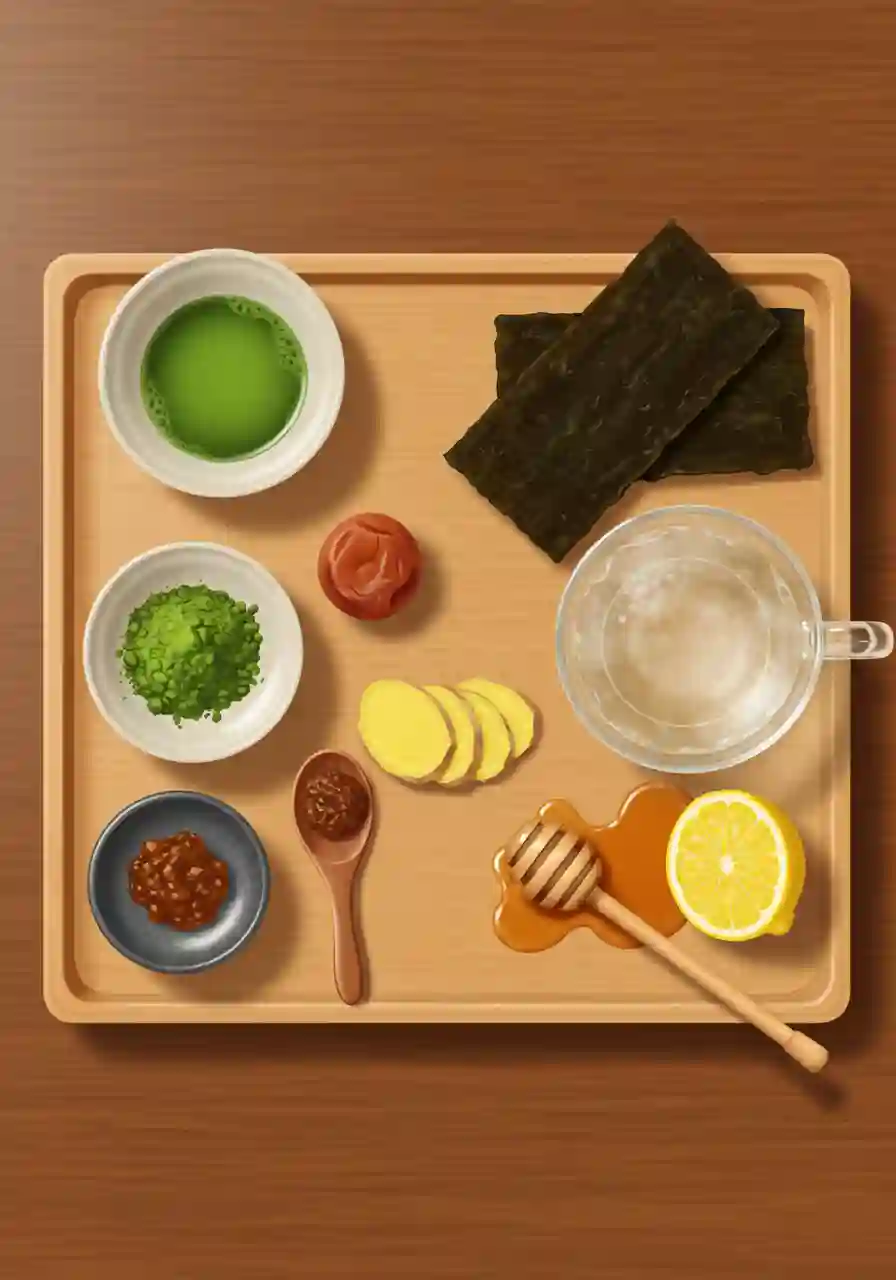 Ingredients for Japanese Mounjaro recipe including matcha, kombu, umeboshi, lemon, ginger, and honey