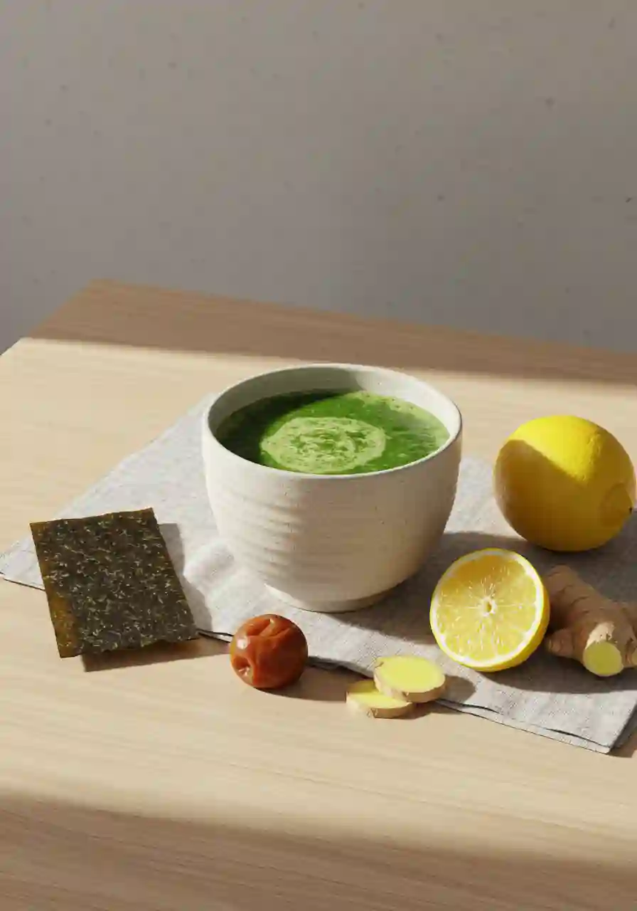 Japanese detox drink served in a ceramic cup on tray with morning light