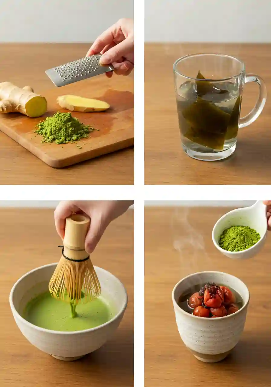 Step-by-step process making Japanese Mounjaro recipe: grating ginger, steeping kombu, whisking matcha, mixing ingredients