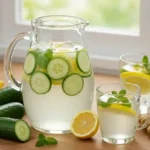 Glass pitcher of lemon ginger cucumber water with fresh ingredients on a clean countertop