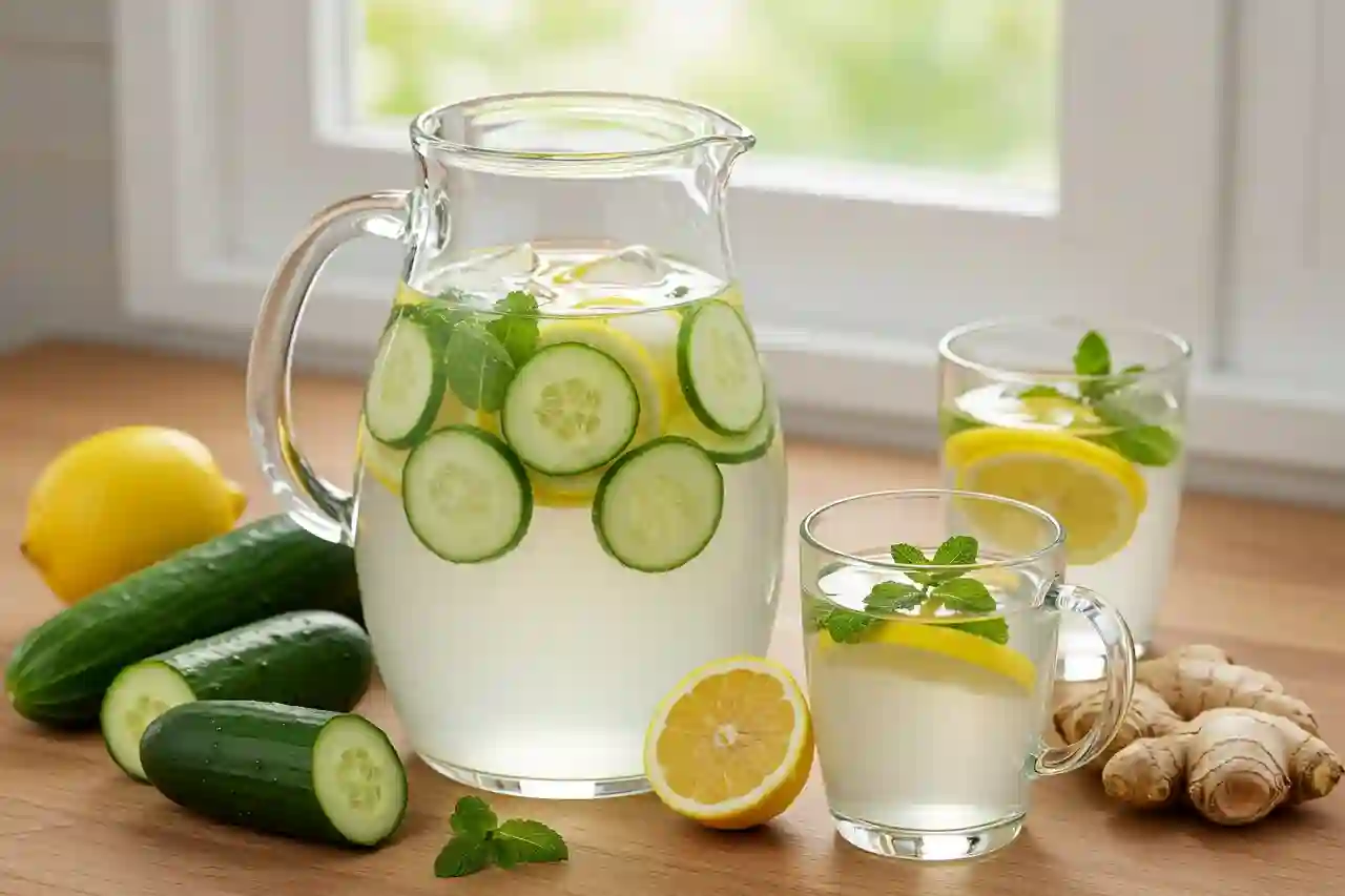 Glass pitcher of lemon ginger cucumber water with fresh ingredients on a clean countertop