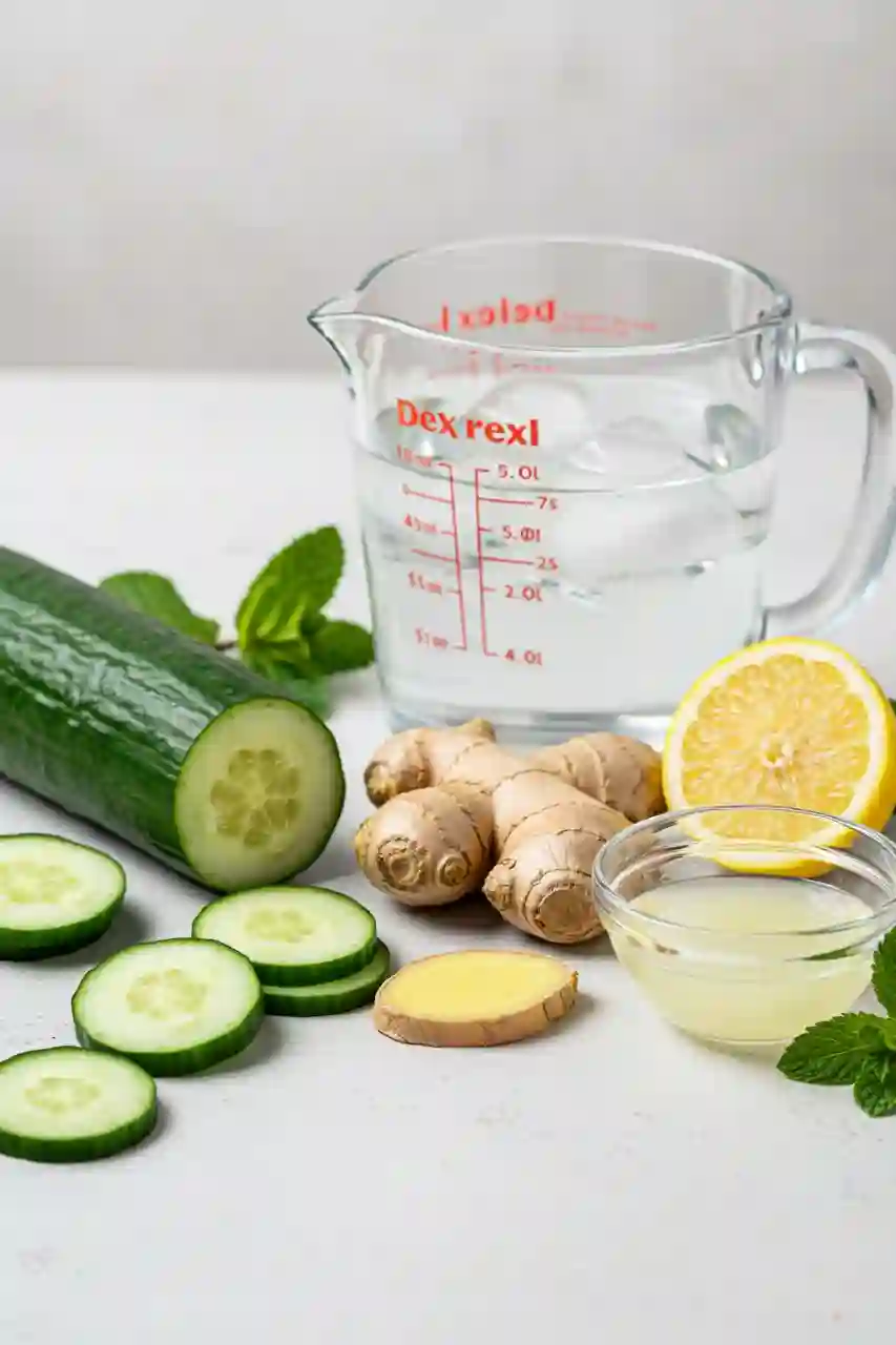Ingredients for Lemon Ginger Cucumber Water Detox Recipe Sliced cucumber, ginger, lemon juice, and water arranged for detox water recipe