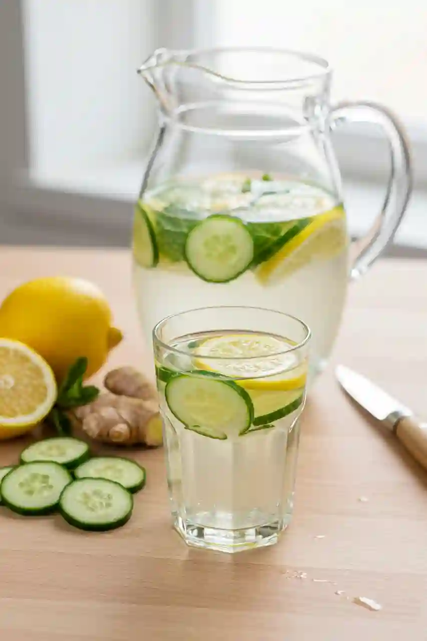 Serving Suggestions for Lemon Ginger Cucumber Water Glass of lemon ginger cucumber water served with fresh garnish beside a full pitcher
