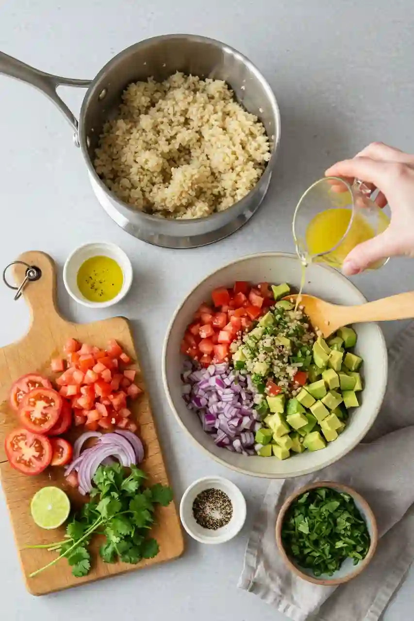 Step-by-step preparation scene showing cooked quinoa, chopped vegetables on a board, mixed dressing in a bowl, and salad assembly in progress.