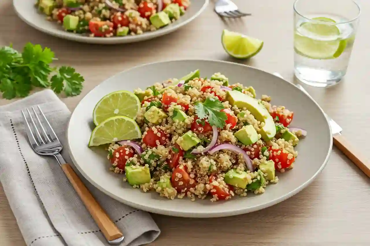 A colorful bowl of quinoa salad with avocado, tomato, and red onion served fresh—perfect for a healthy Peru diet recipe.