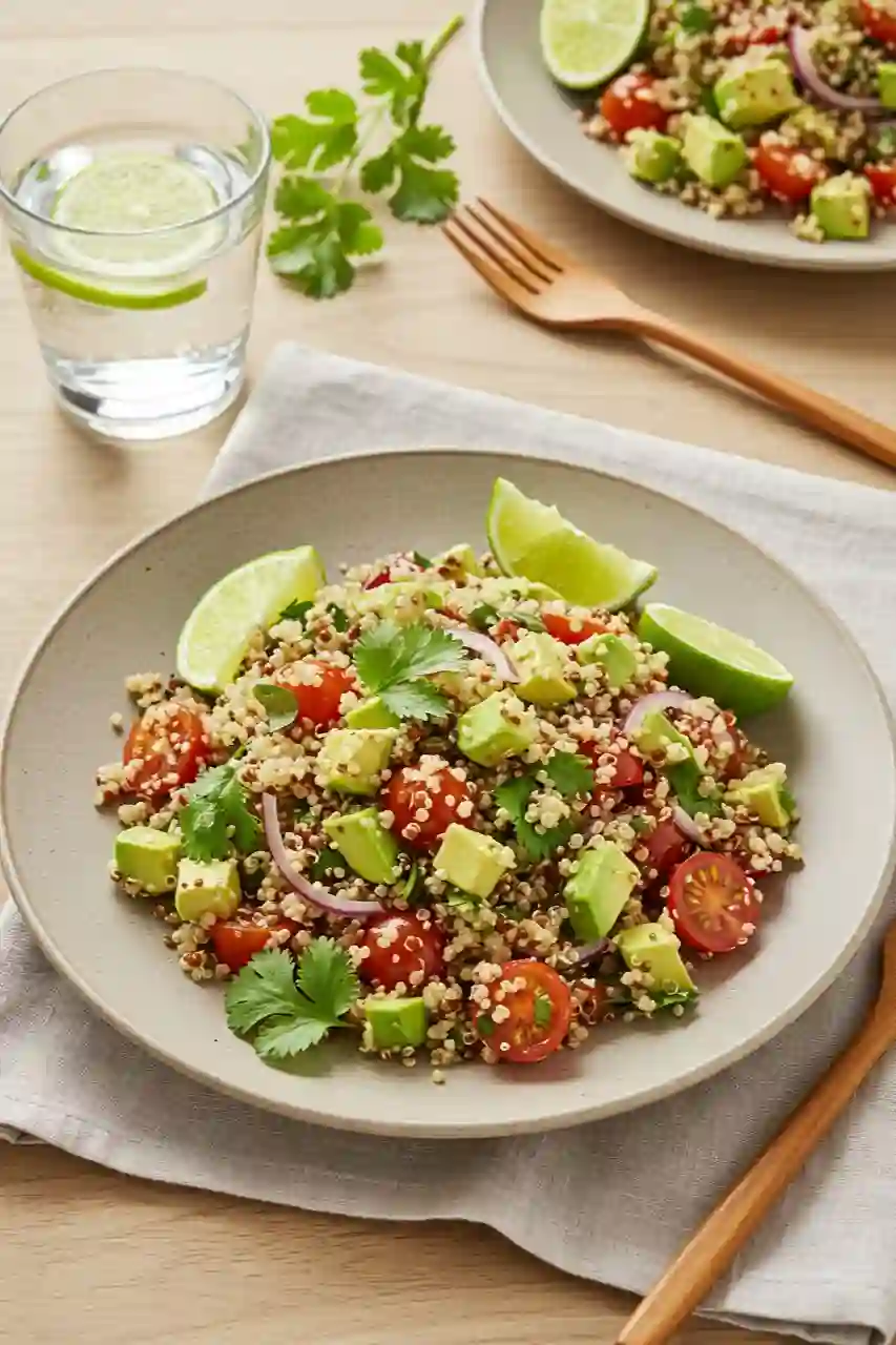 Peruvian quinoa salad served on a ceramic plate with lime wedges and fresh cilantro, set on a light wooden table with cutlery and a glass of water.