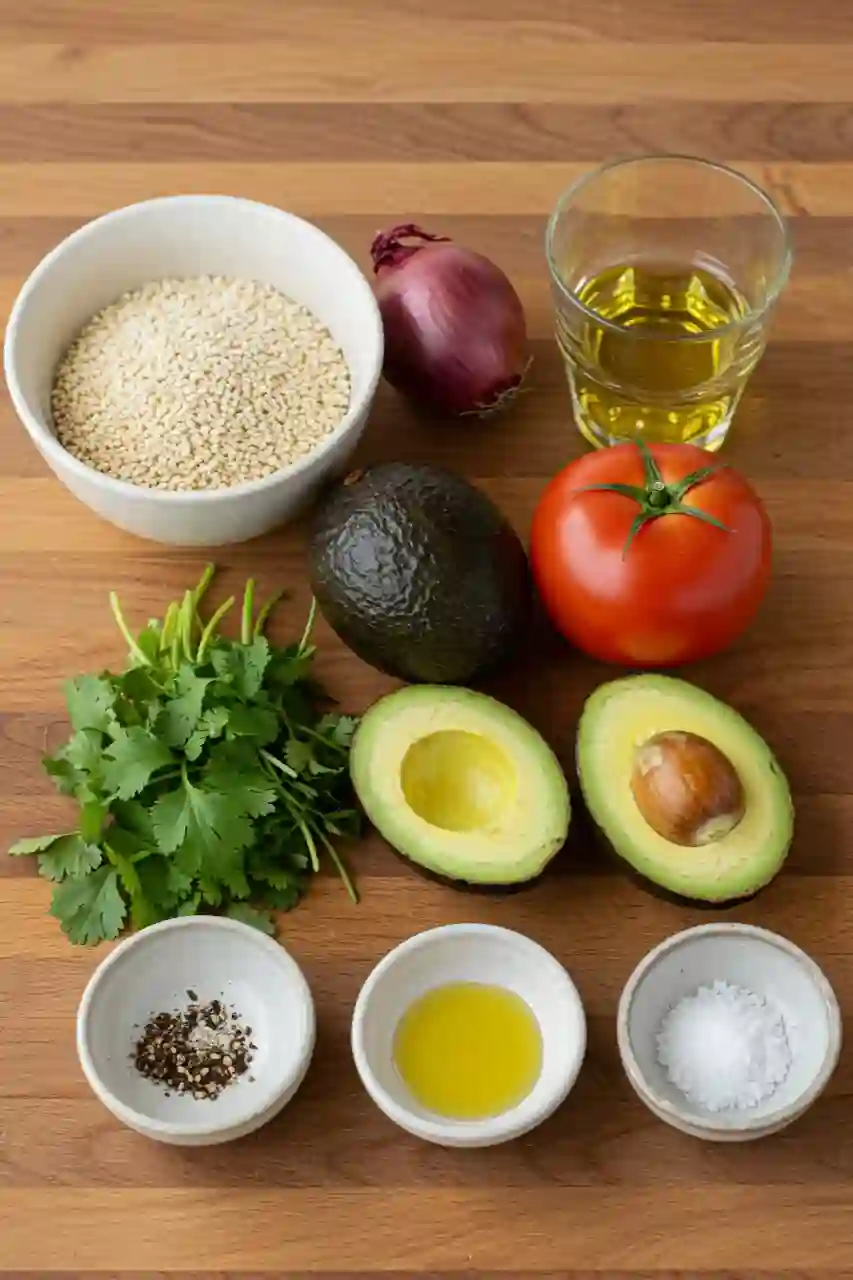 Raw ingredients for quinoa salad laid out on a kitchen counter, including dry quinoa, ripe avocado, red onion slices, tomato, cilantro, lime juice, olive oil, salt, and pepper.