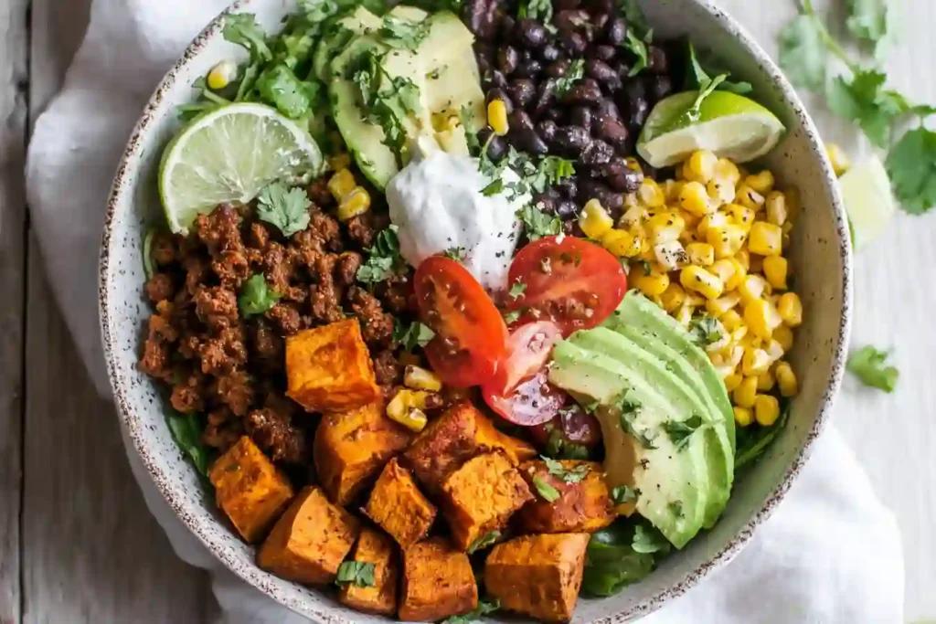 Overhead view of a colorful sweet potato taco bowl with roasted vegetables, seasoned beef, avocado, and fresh toppings