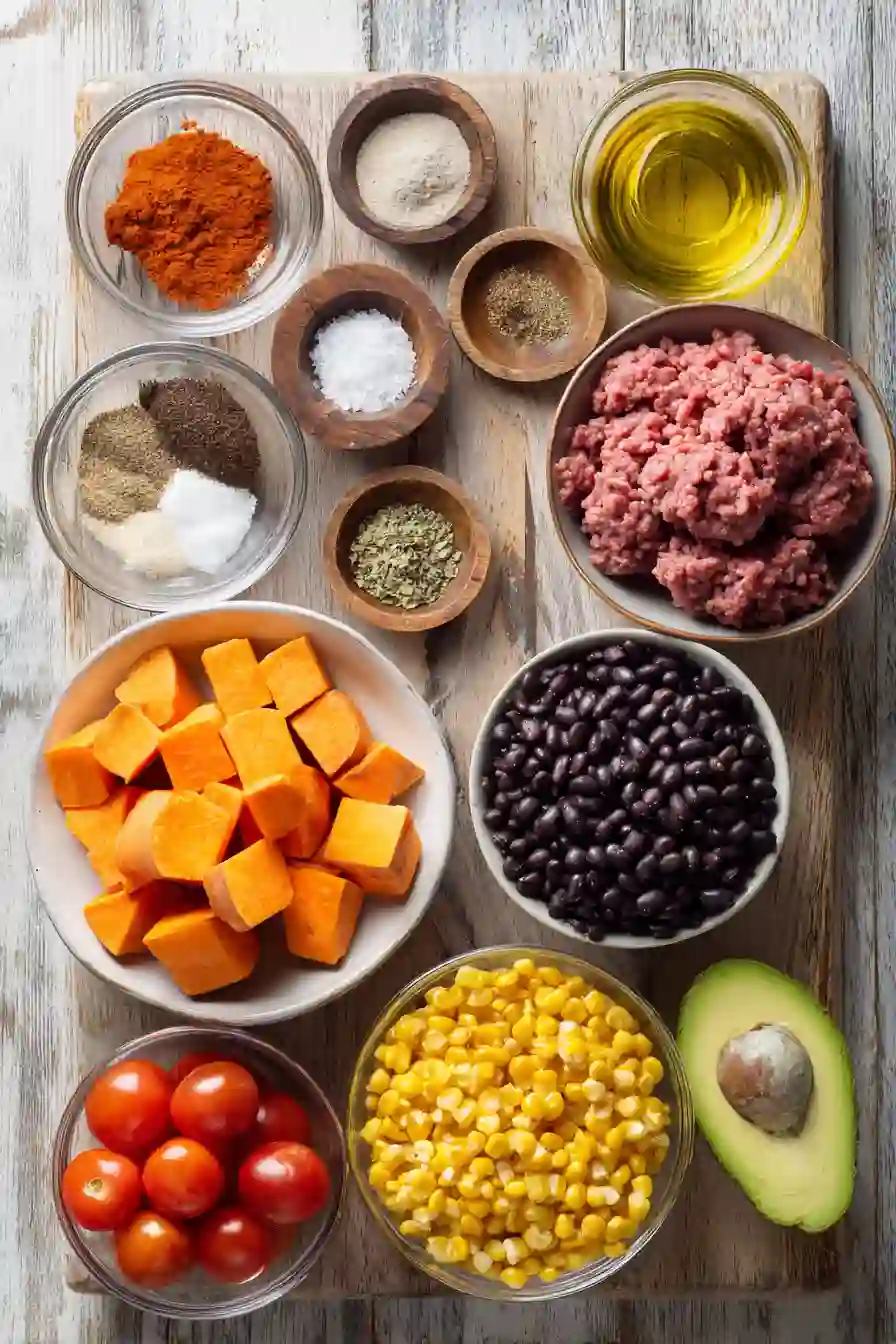 Prepped ingredients for a sweet potato taco bowl arranged on a kitchen counter