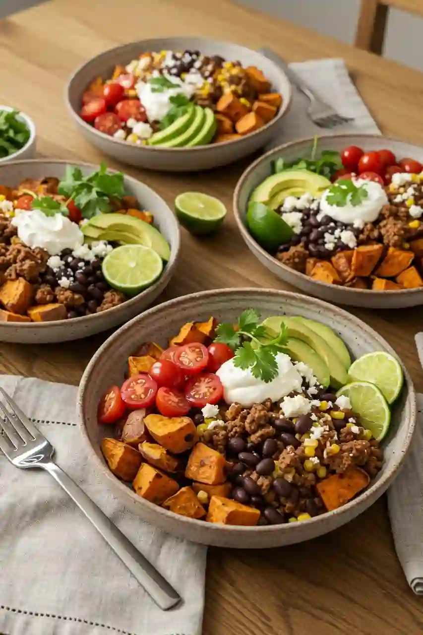 Four sweet potato taco bowls showing different portion sizes on a wooden table