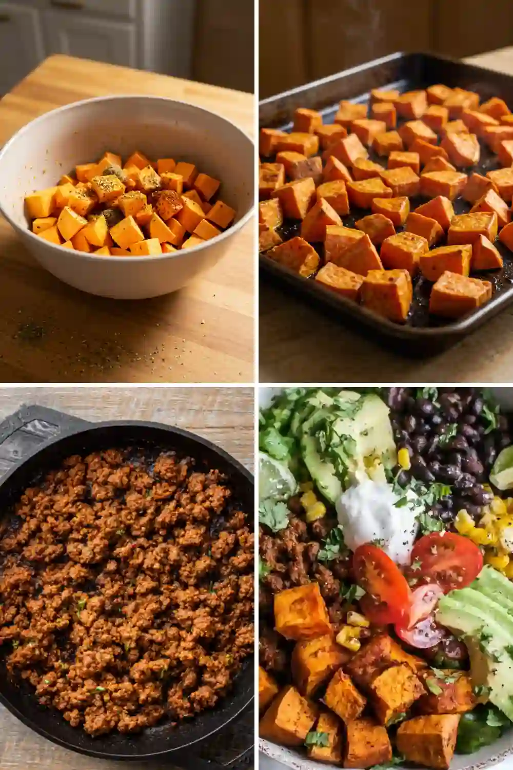 Step-by-step visuals of making a sweet potato taco bowl with roasted potatoes, cooked beef, and layered taco ingredients