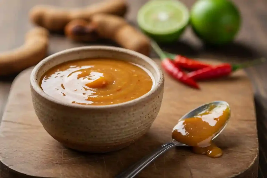Bowl of tram sauce on wooden background