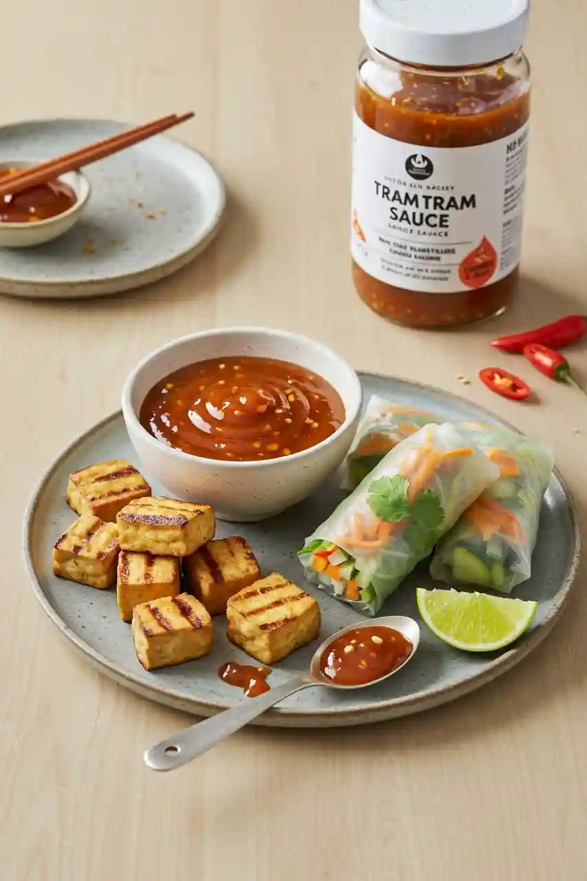 tram-sauce-recipe-serving.webp Tram sauce served with tofu and spring rolls