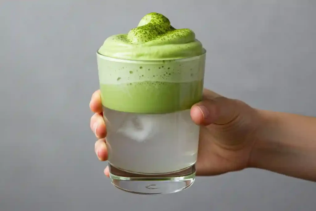 Cloud matcha with whipped green top and coconut water base in glass