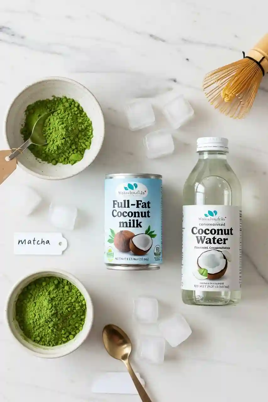 cloud-matcha-ingredients-layout.webp Ingredients for cloud matcha: matcha powder, coconut milk, coconut water, and ice