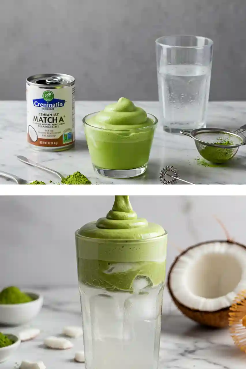 cloud-matcha-ingredients-preparation.webp Ingredients for cloud matcha including matcha powder, full-fat coconut milk, coconut water, and ice cubes