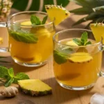 Glass cups of Costa Rican tea with pineapple and mint