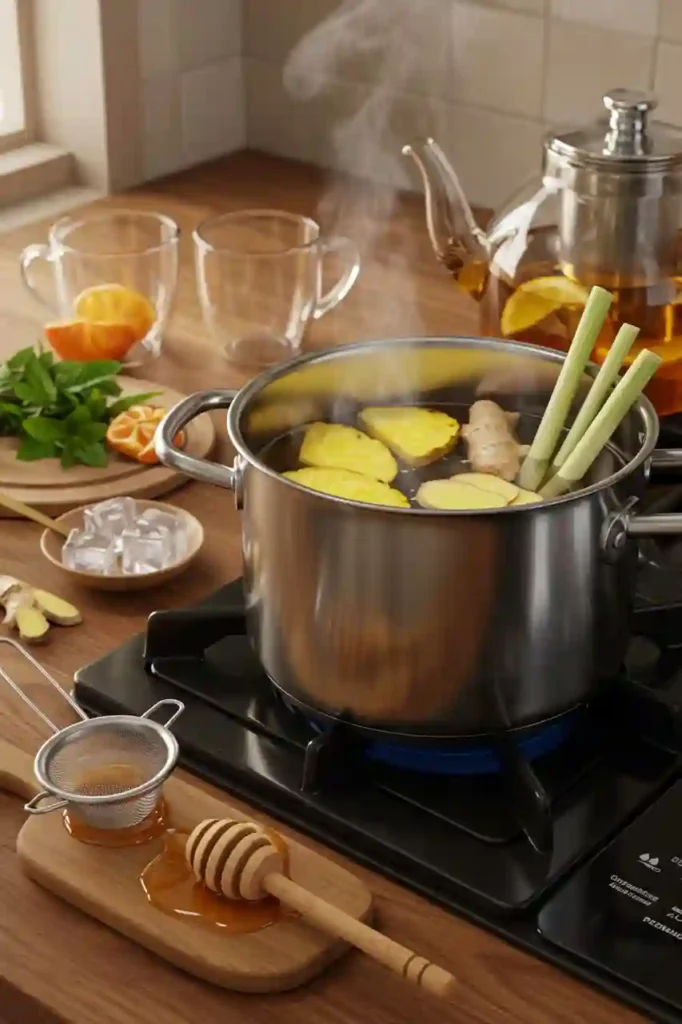 Simmering pot of Costa Rican tea with pineapple, ginger, and lemongrass