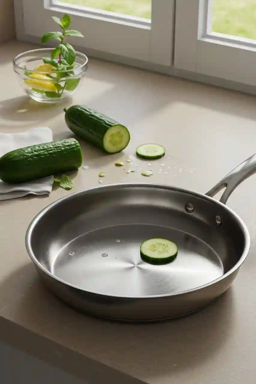 Sparkling Pan Thanks to the Cucumber Hack Final clean pan after using the cucumber grease cleaning method.