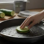 Fresh cucumber slice on greasy pan, ready for natural cleaning.