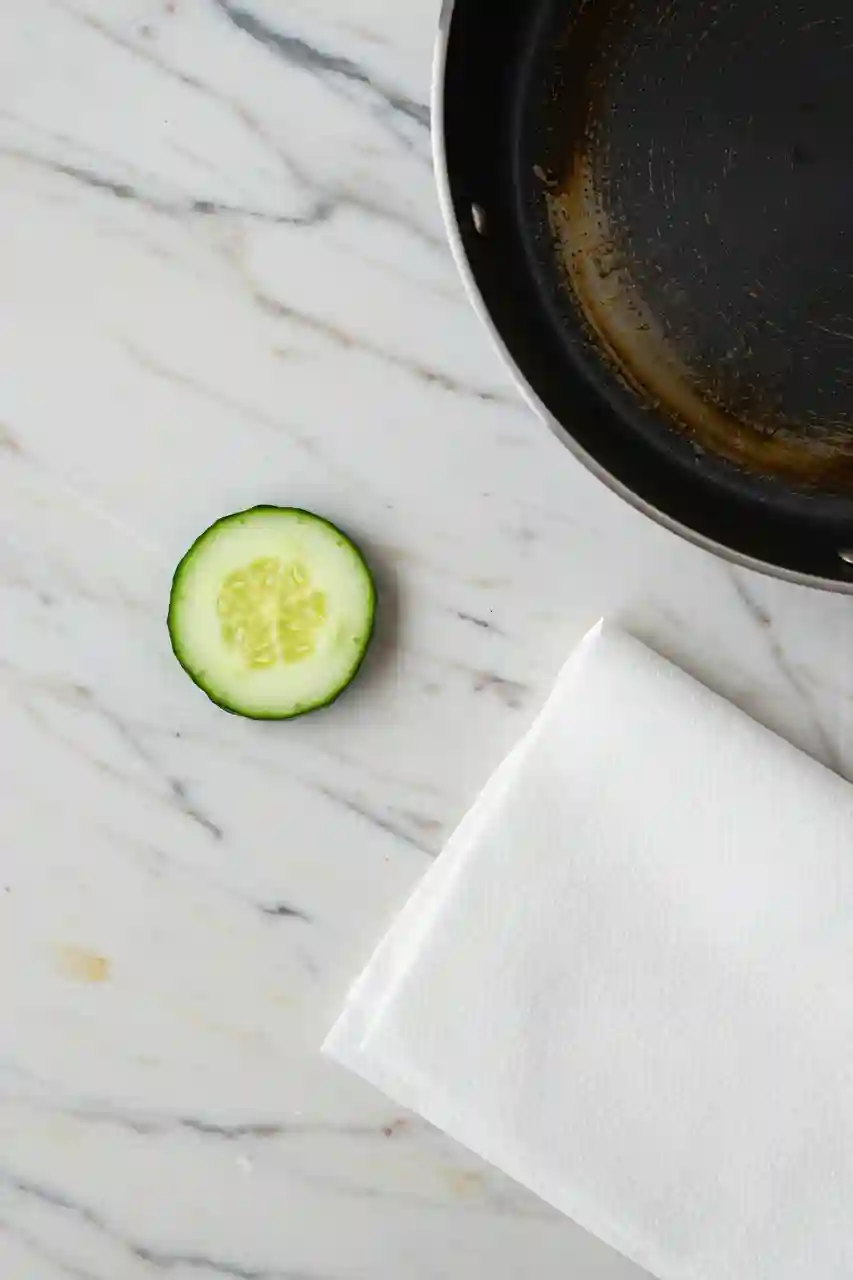 Natural Ingredients for the Cucumber Grease Hack Fresh cucumber and greasy pan shown with paper towel for natural cleaning.