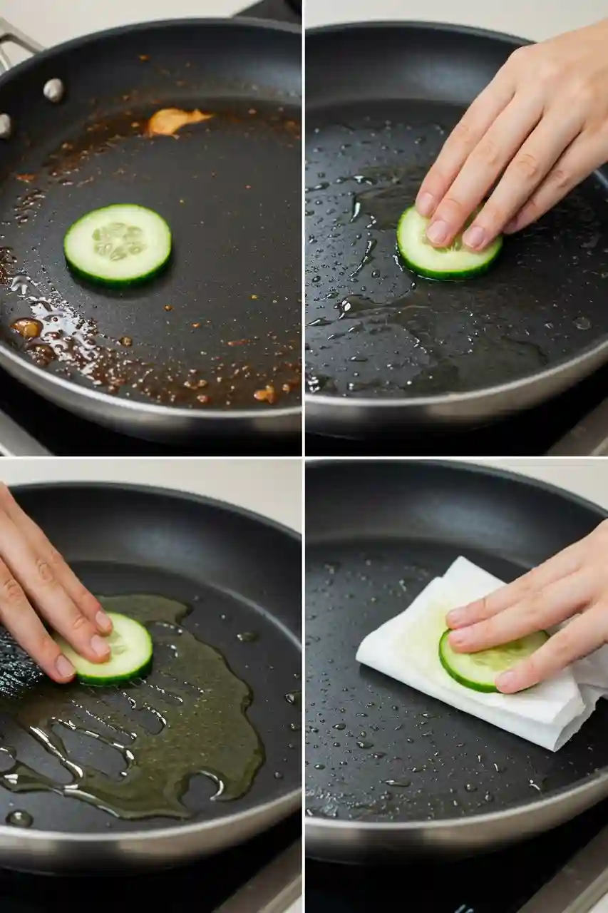 How to Use the Cucumber Pan Grease Hack Four-step process of using cucumber to clean a greasy pan.