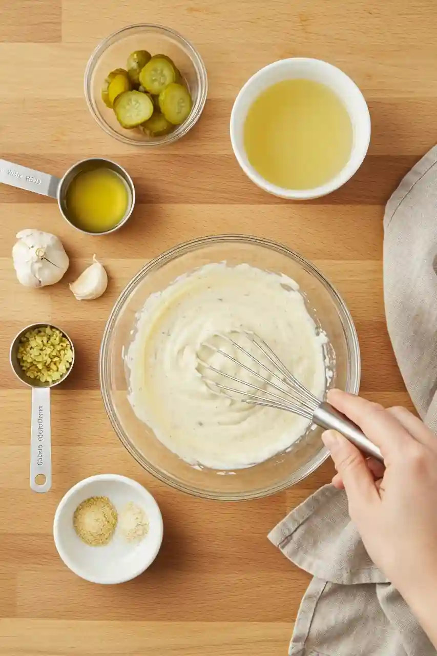 Making Pickle Ranch Sauce – Step-by-Step Hand whisking homemade pickle ranch sauce in a glass bowl on a wooden counter.