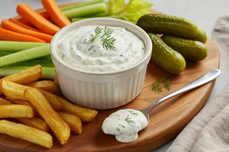 Bowl of creamy pickle ranch sauce with fresh dill and pickles on a wooden surface.