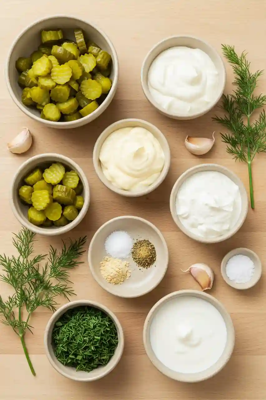 Pickle Ranch Sauce Ingredients Flat Lay Ingredients for pickle ranch sauce laid out in bowls on a wooden surface.