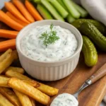 Pickle ranch sauce served with fries and vegetables on a wooden board.