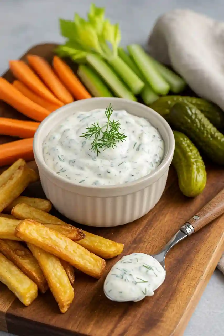 Serving Pickle Ranch Sauce Pickle ranch sauce served with fries and vegetables on a wooden board.