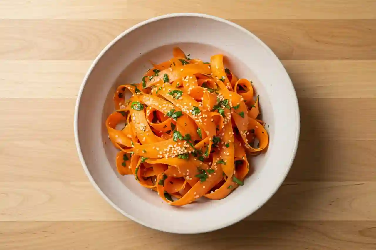 Overhead view of ribbon carrot salad in white bowl