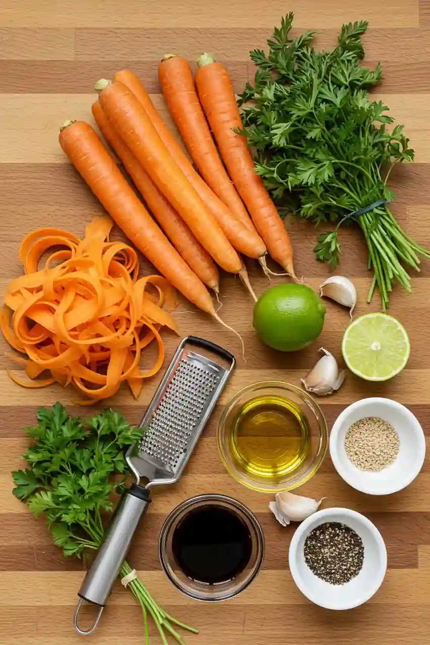 Ingredients for Ribbon Carrot Salad Raw ingredients for ribbon carrot salad on wood surface