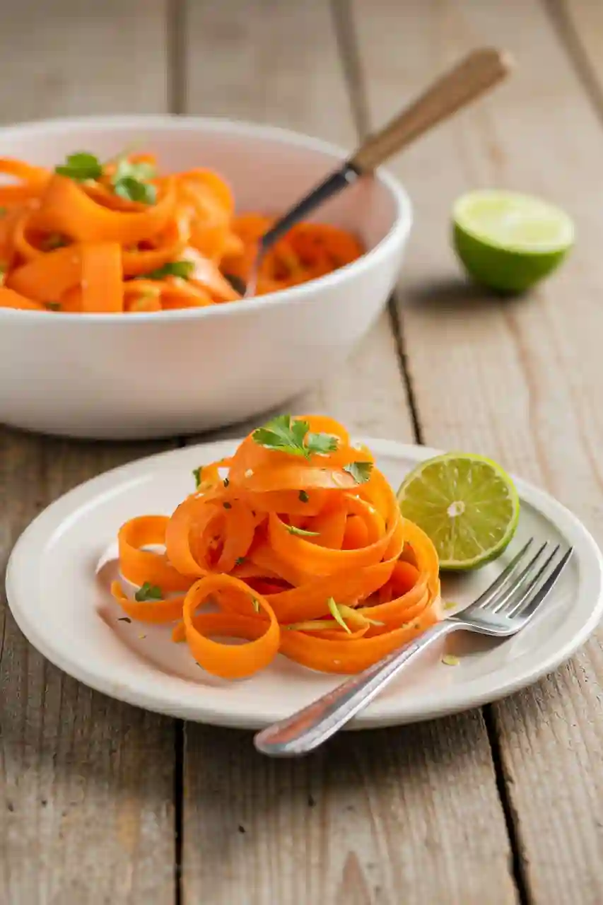 Plated Ribbon Carrot Salad Ribbon carrot salad plated with lime and fork