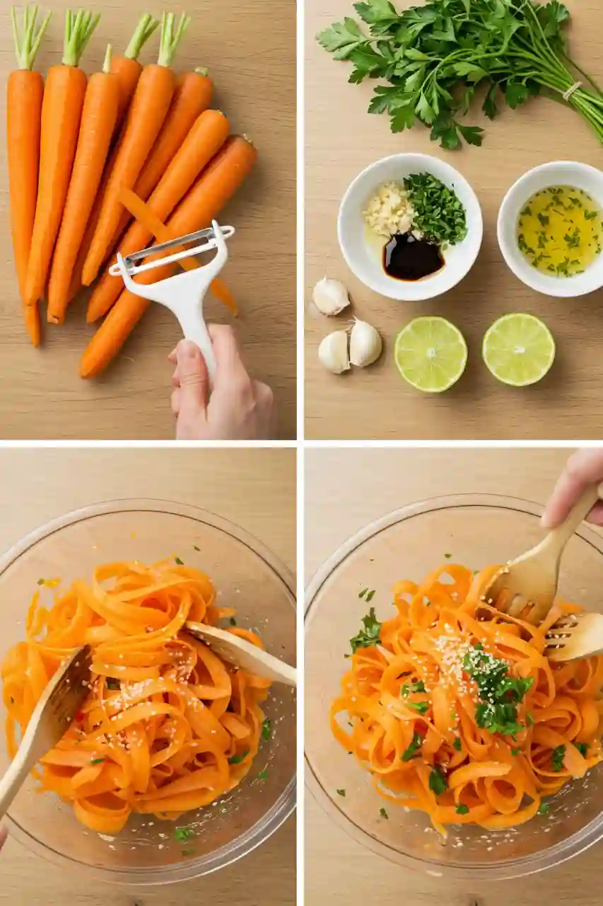 Ribbon Carrot Salad – Step by Step Four preparation steps of ribbon carrot salad in one image